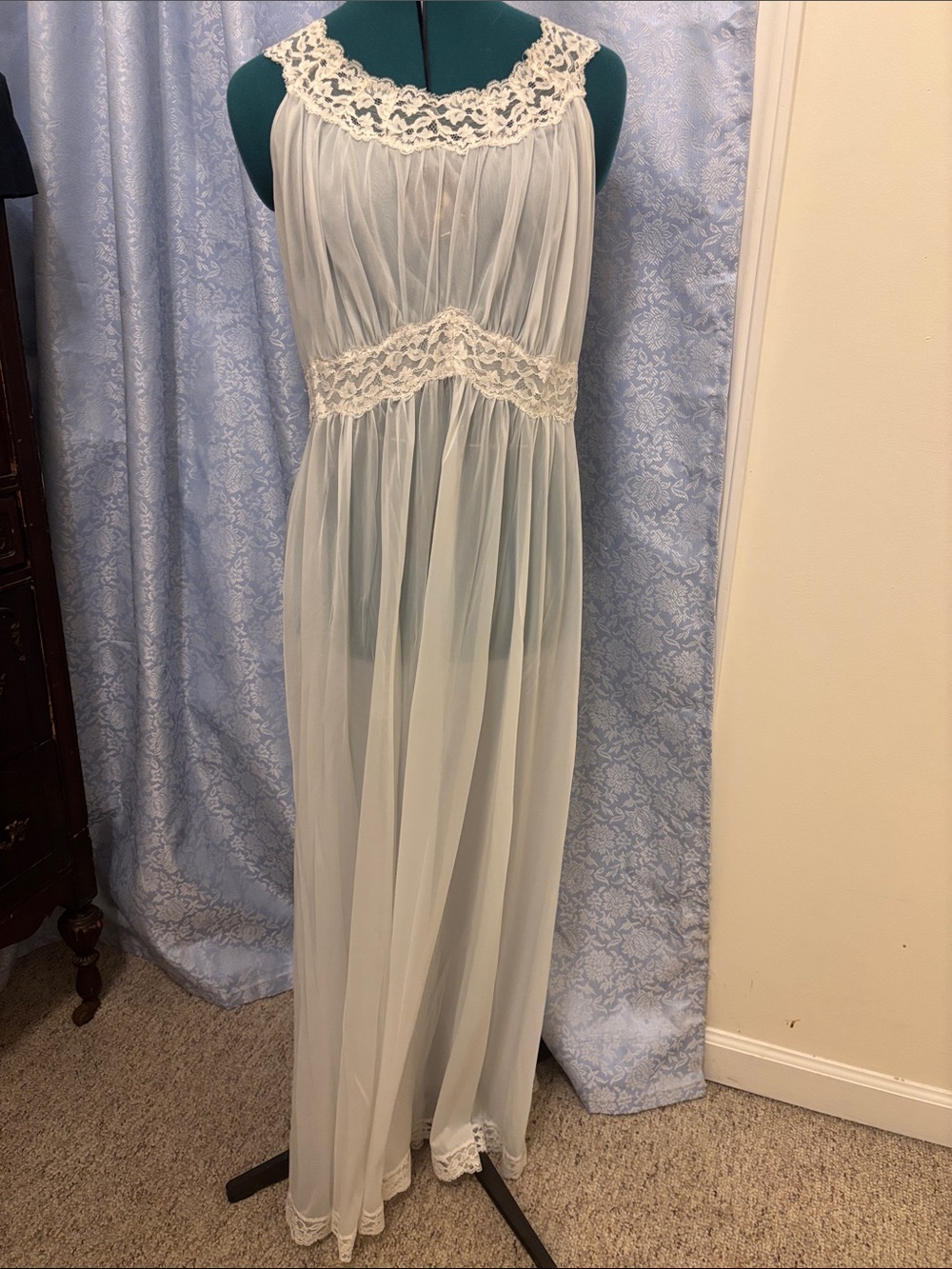 Vintage Sheer Lace-Trim Maxi Nightgown in Pale Blue